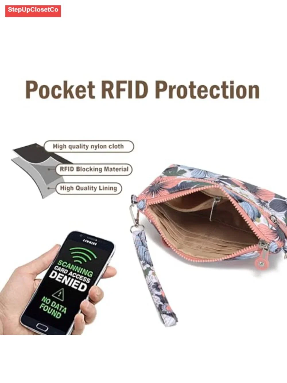 Nylon RFID Wristlet Wallet Convertible Crossbody Purse Tri-Zip